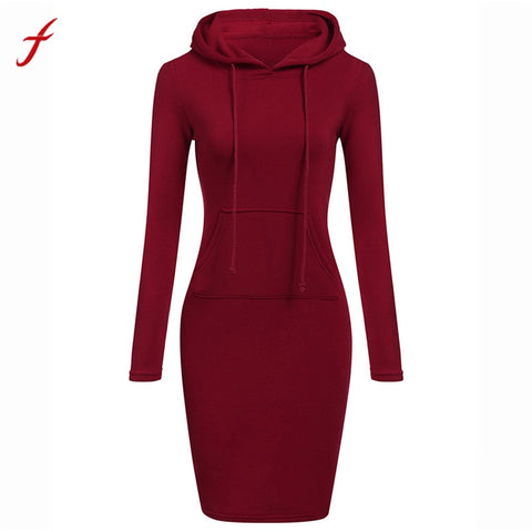 Women Polyester Long Sleeve O Neck Hooded casual Dress