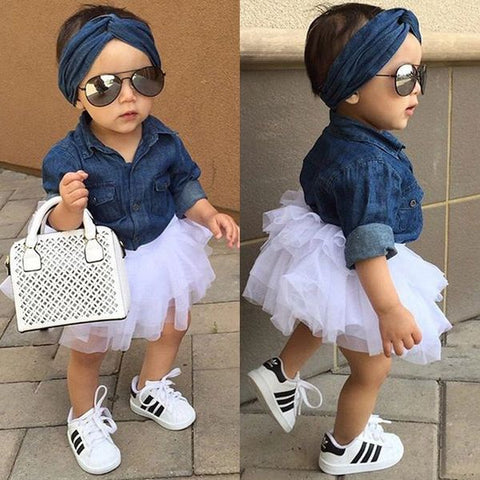 Baby Girl Denim Shirt Top +Tutu Skirt+Headband 3pcs Outfit