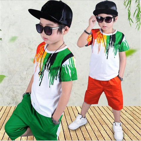 Summer Boys Casual Hip-hop Stripe Colorful T-Shirt + Pants 2Pcs  Kids Clothes