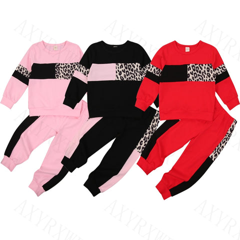 1-6Y  Girls Leopard Print Sweatshirts Tops+Pants Sports Tracksuits