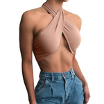 Cross Over Front Cut Out Halter Neck Sleeveless Backless Wrap Crop Top